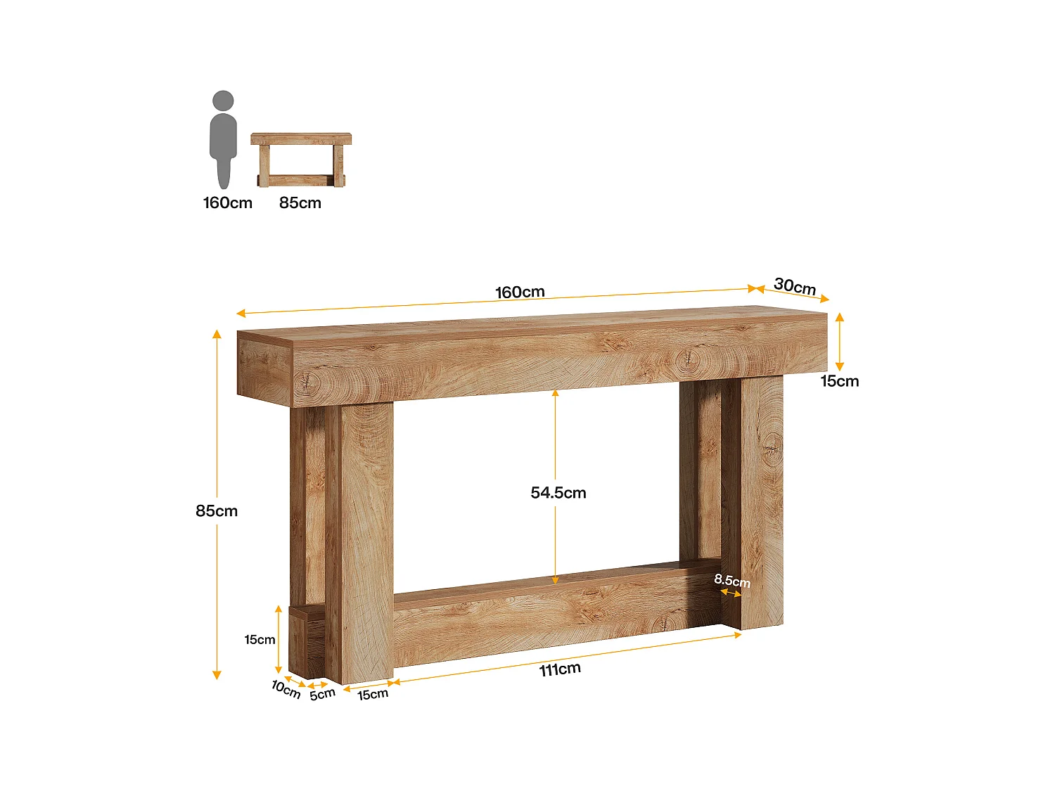 160cm Table Console, Table d'entrée à 2 étages, d'appoint rectangulaire en Bois derrière Le canapé