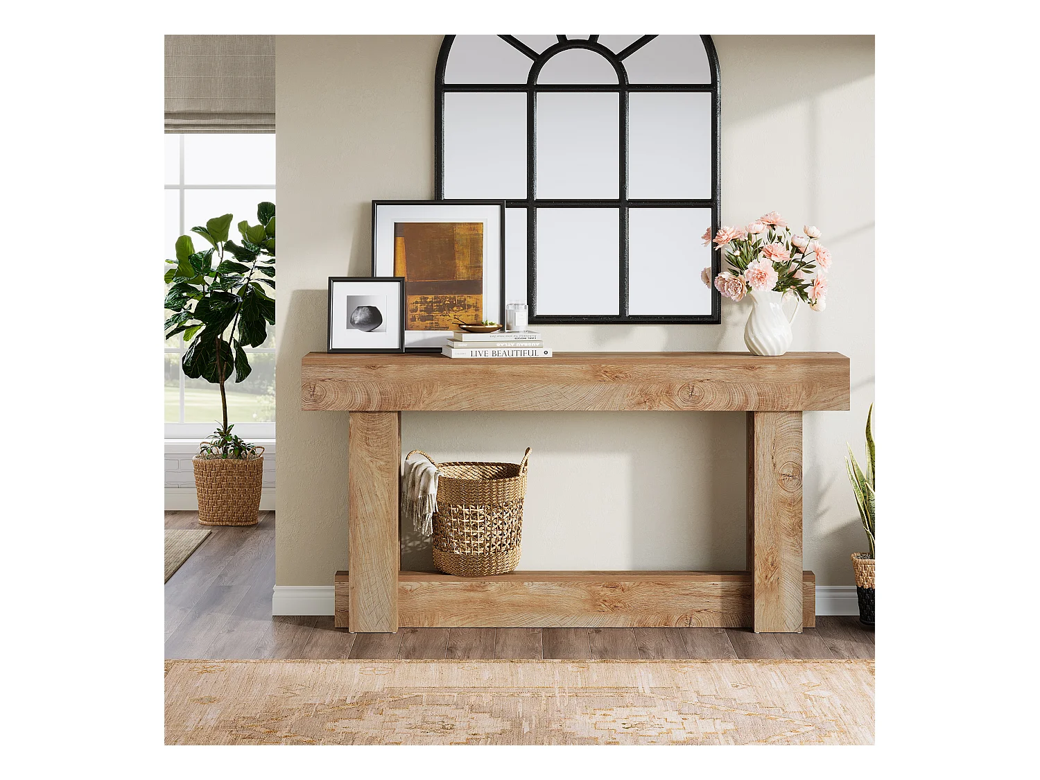 160cm Table Console, Table d'entrée à 2 étages, d'appoint rectangulaire en Bois derrière Le canapé