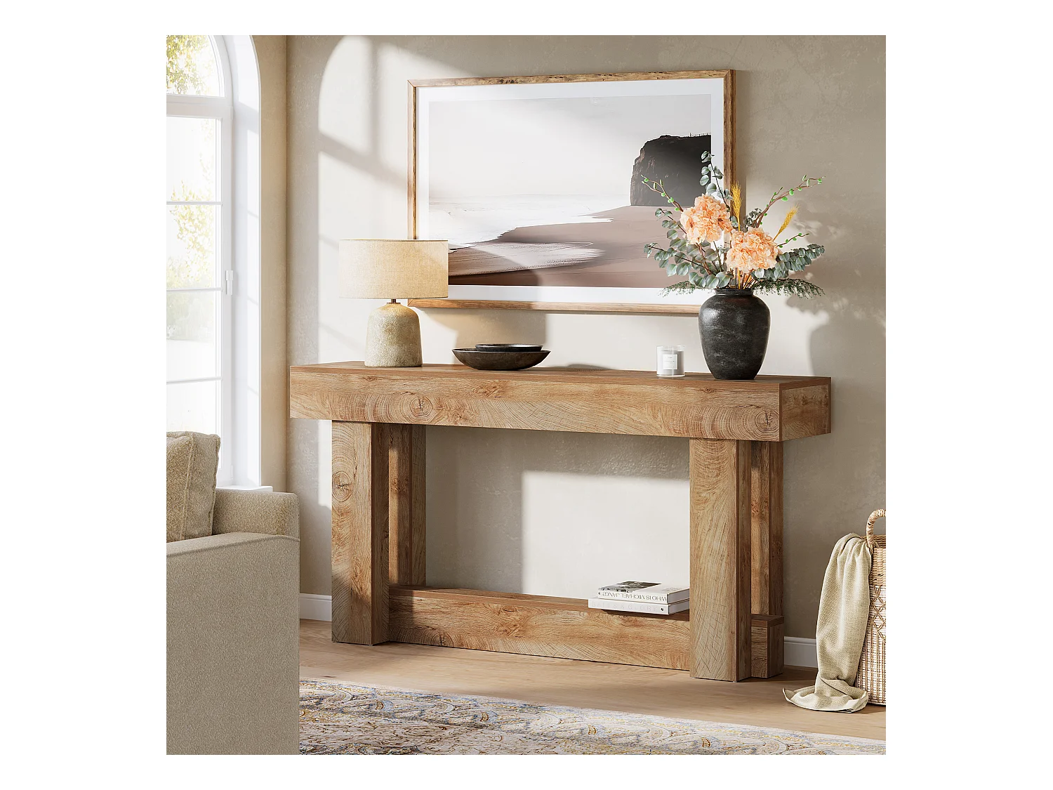 160cm Table Console, Table d'entrée à 2 étages, d'appoint rectangulaire en Bois derrière Le canapé