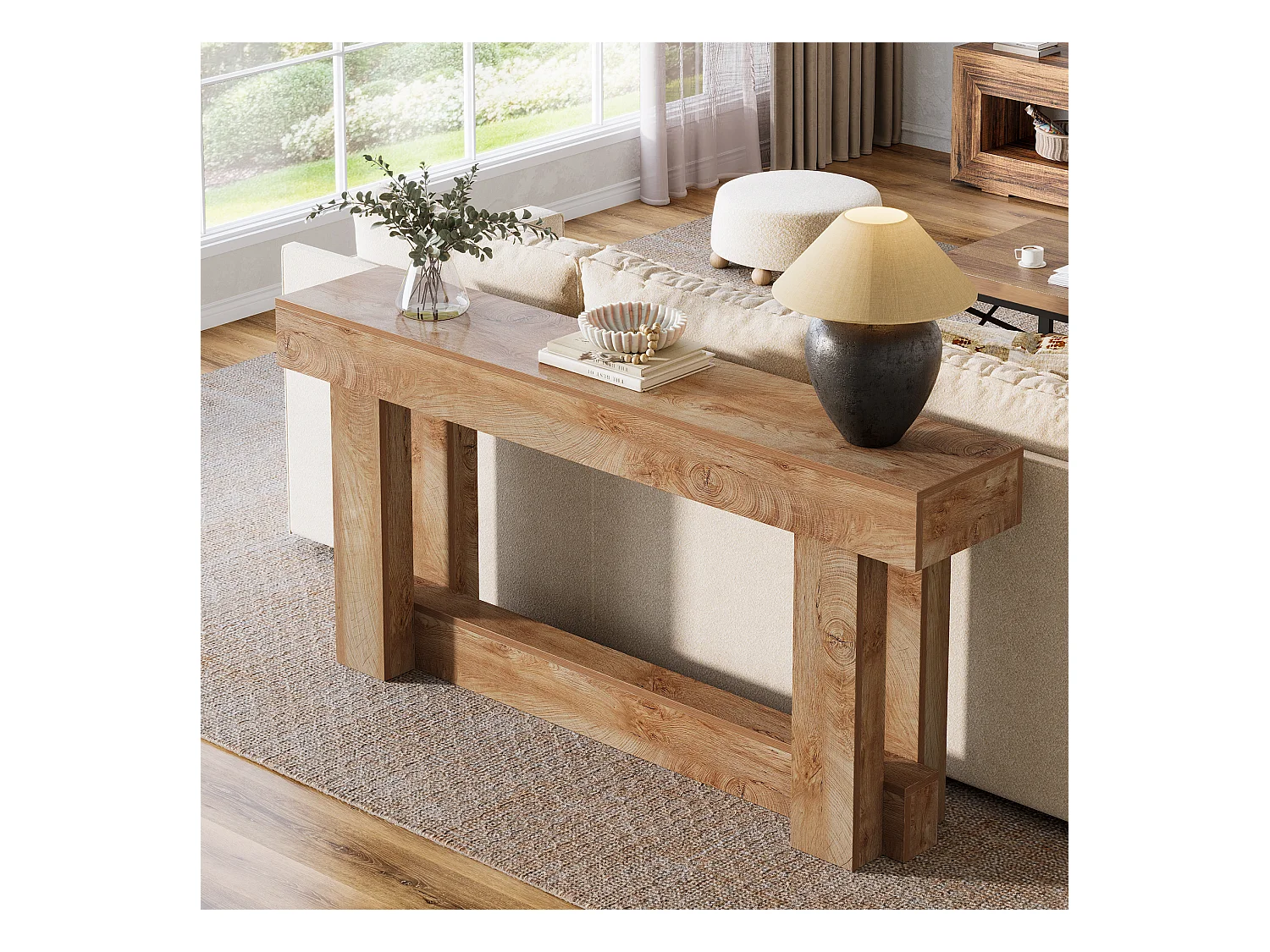 160cm Table Console, Table d'entrée à 2 étages, d'appoint rectangulaire en Bois derrière Le canapé