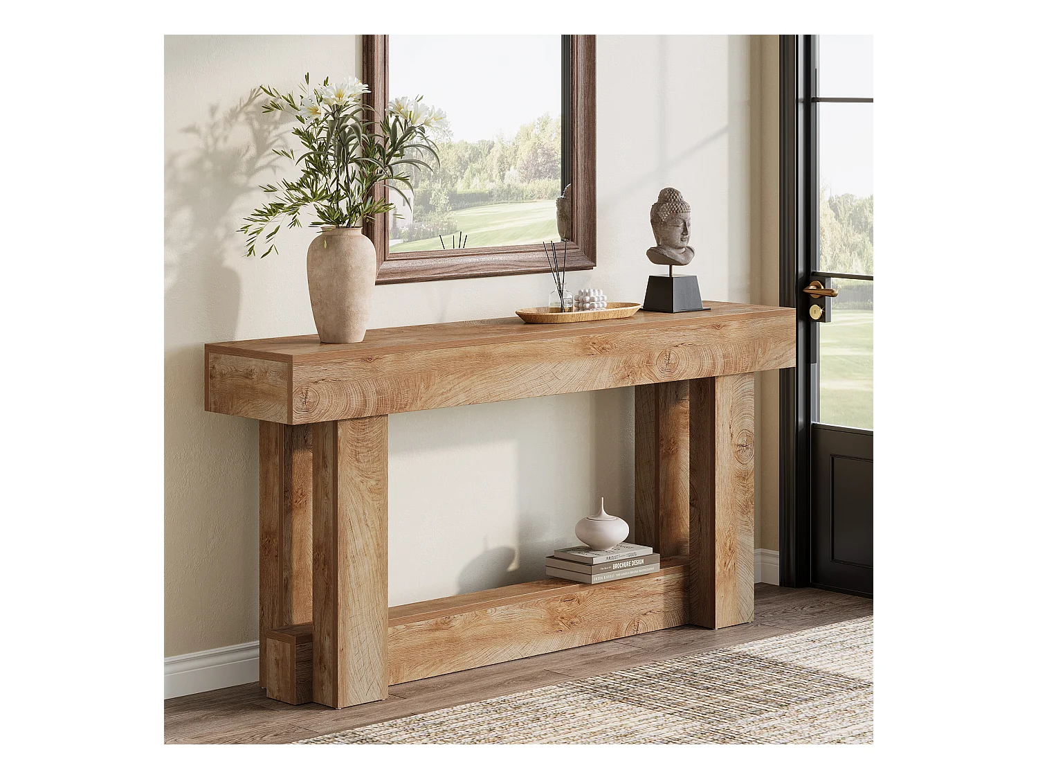 160cm Table Console, Table d'entrée à 2 étages, d'appoint rectangulaire en Bois derrière Le canapé