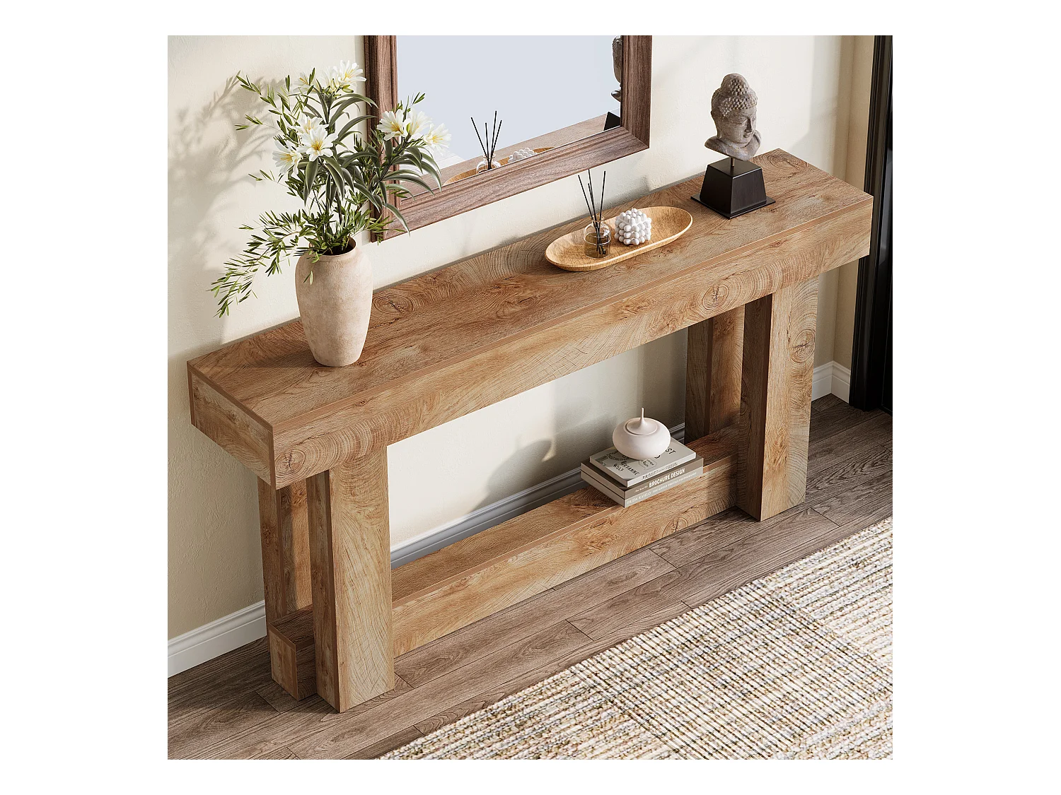 160cm Table Console, Table d'entrée à 2 étages, d'appoint rectangulaire en Bois derrière Le canapé