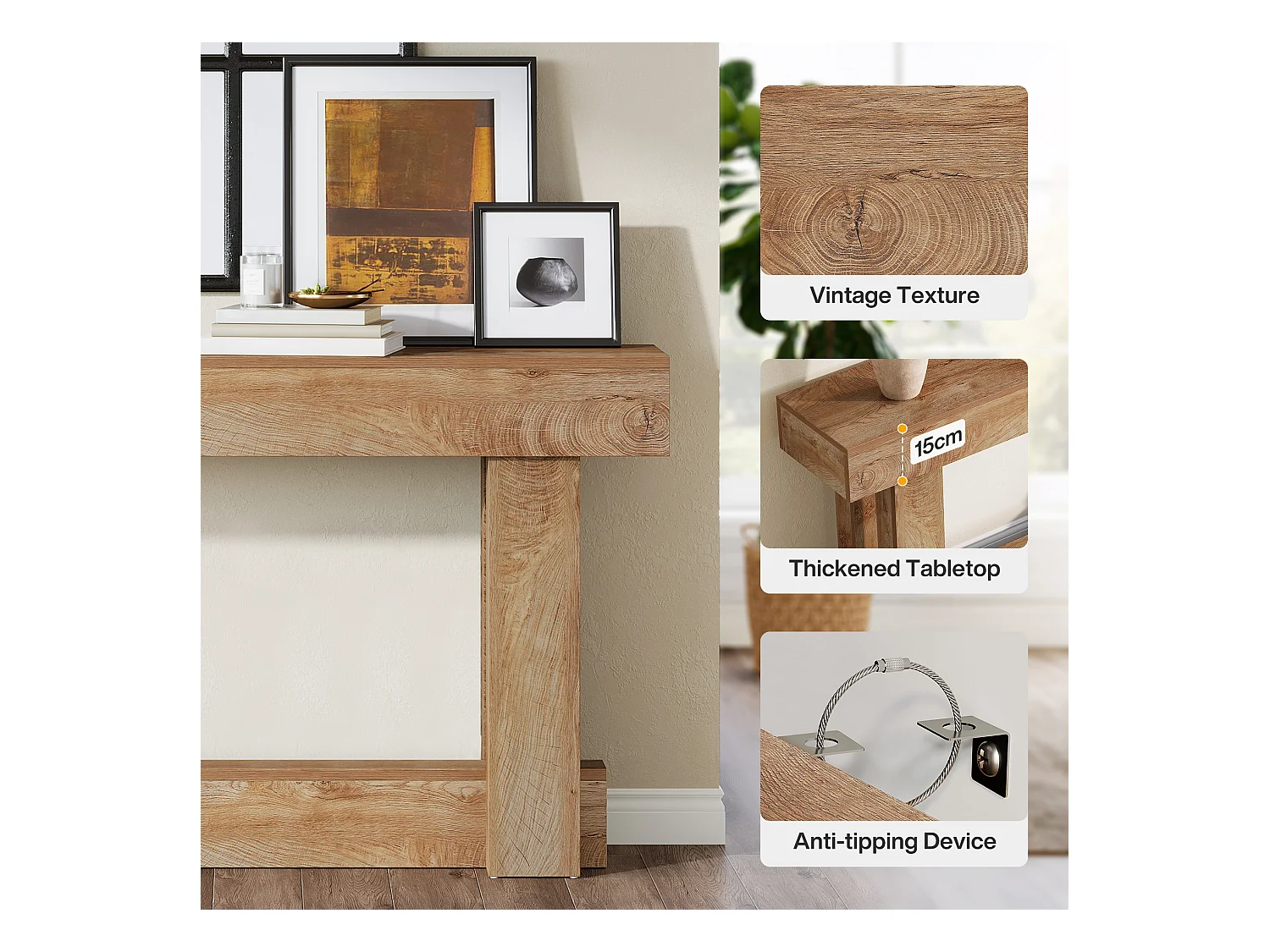 160cm Table Console, Table d'entrée à 2 étages, d'appoint rectangulaire en Bois derrière Le canapé