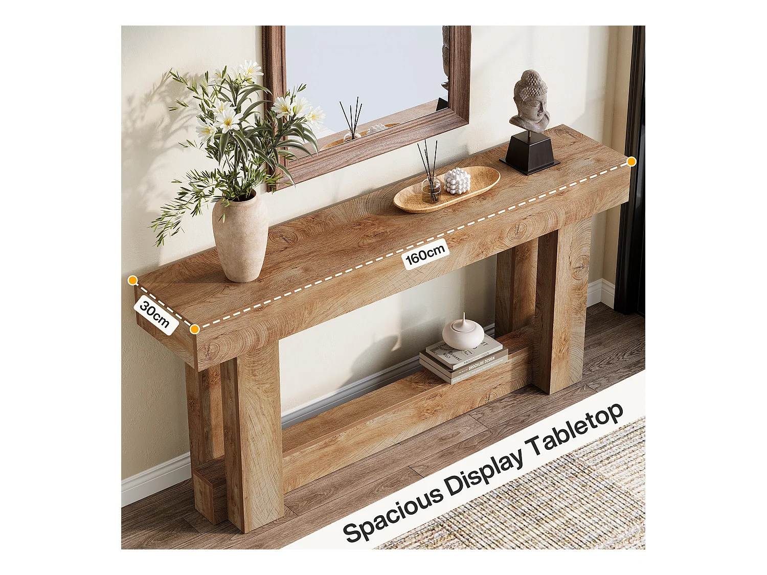 160cm Table Console, Table d'entrée à 2 étages, d'appoint rectangulaire en Bois derrière Le canapé