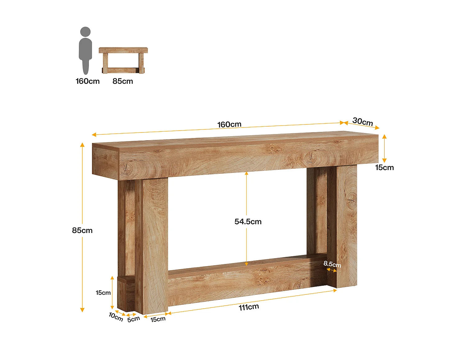 160cm Table Console, Table d'entrée à 2 étages, d'appoint rectangulaire en Bois derrière Le canapé