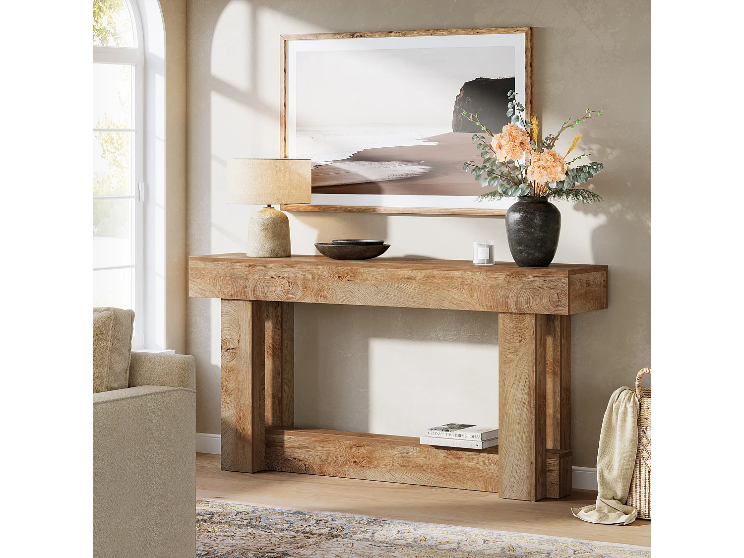 160cm Table Console, Table d'entrée à 2 étages, d'appoint rectangulaire en Bois derrière Le canapé