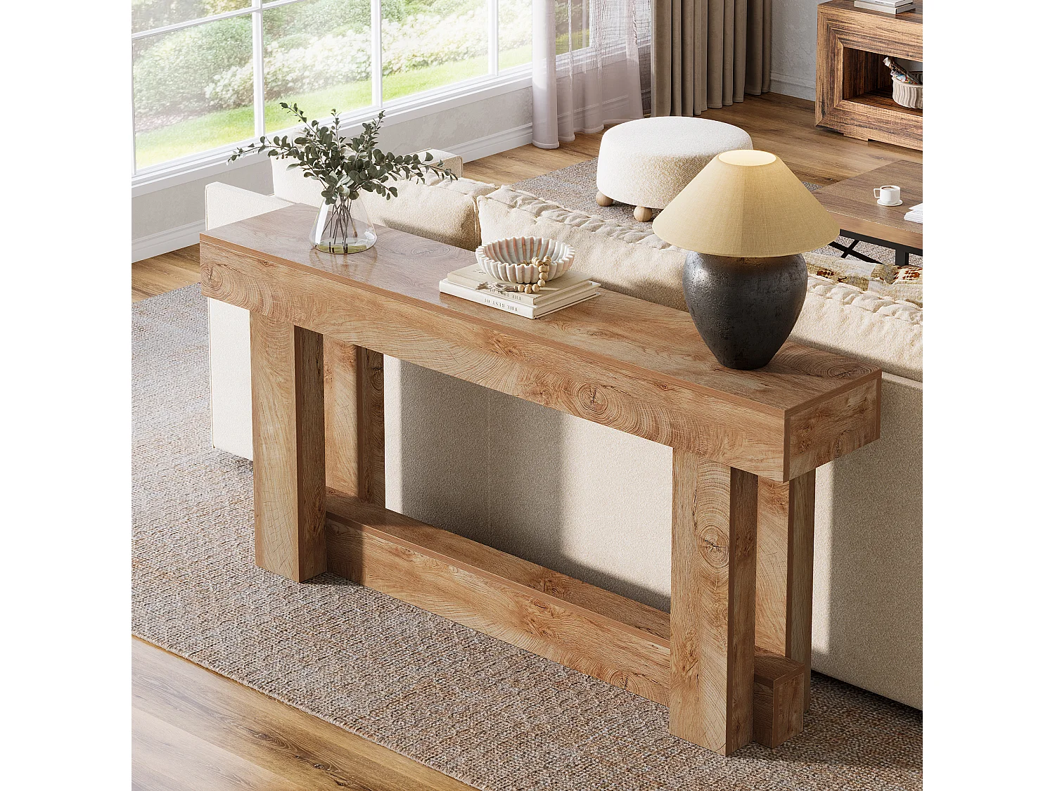 160cm Table Console, Table d'entrée à 2 étages, d'appoint rectangulaire en Bois derrière Le canapé