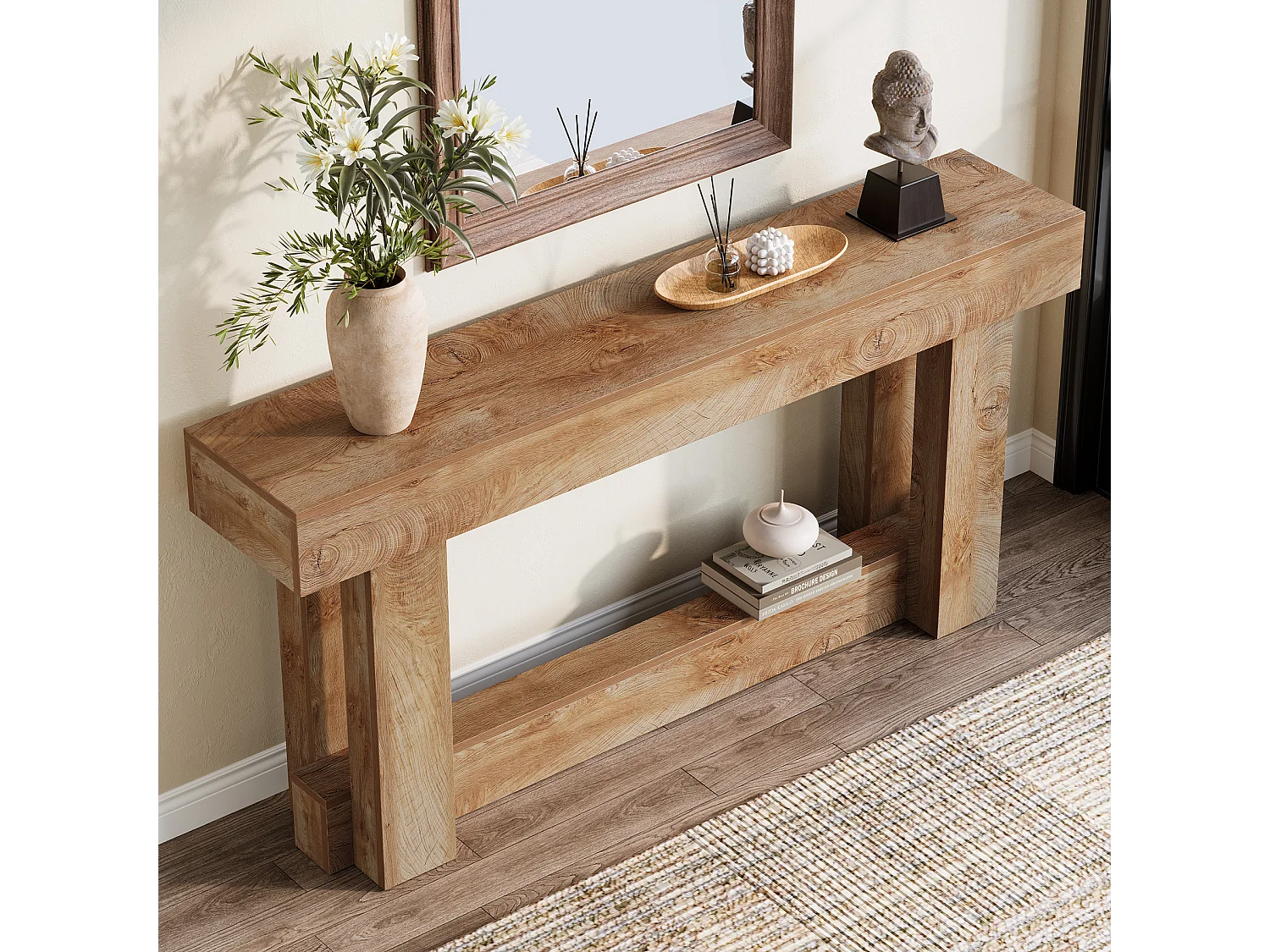 160cm Table Console, Table d'entrée à 2 étages, d'appoint rectangulaire en Bois derrière Le canapé