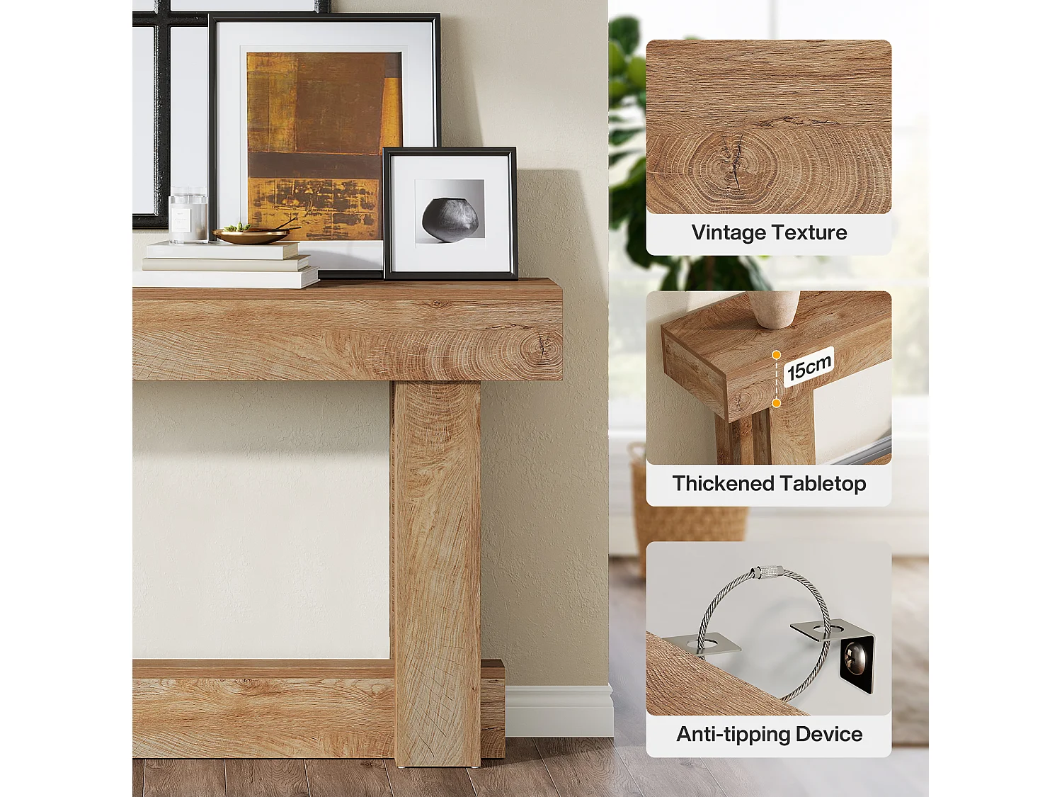 160cm Table Console, Table d'entrée à 2 étages, d'appoint rectangulaire en Bois derrière Le canapé