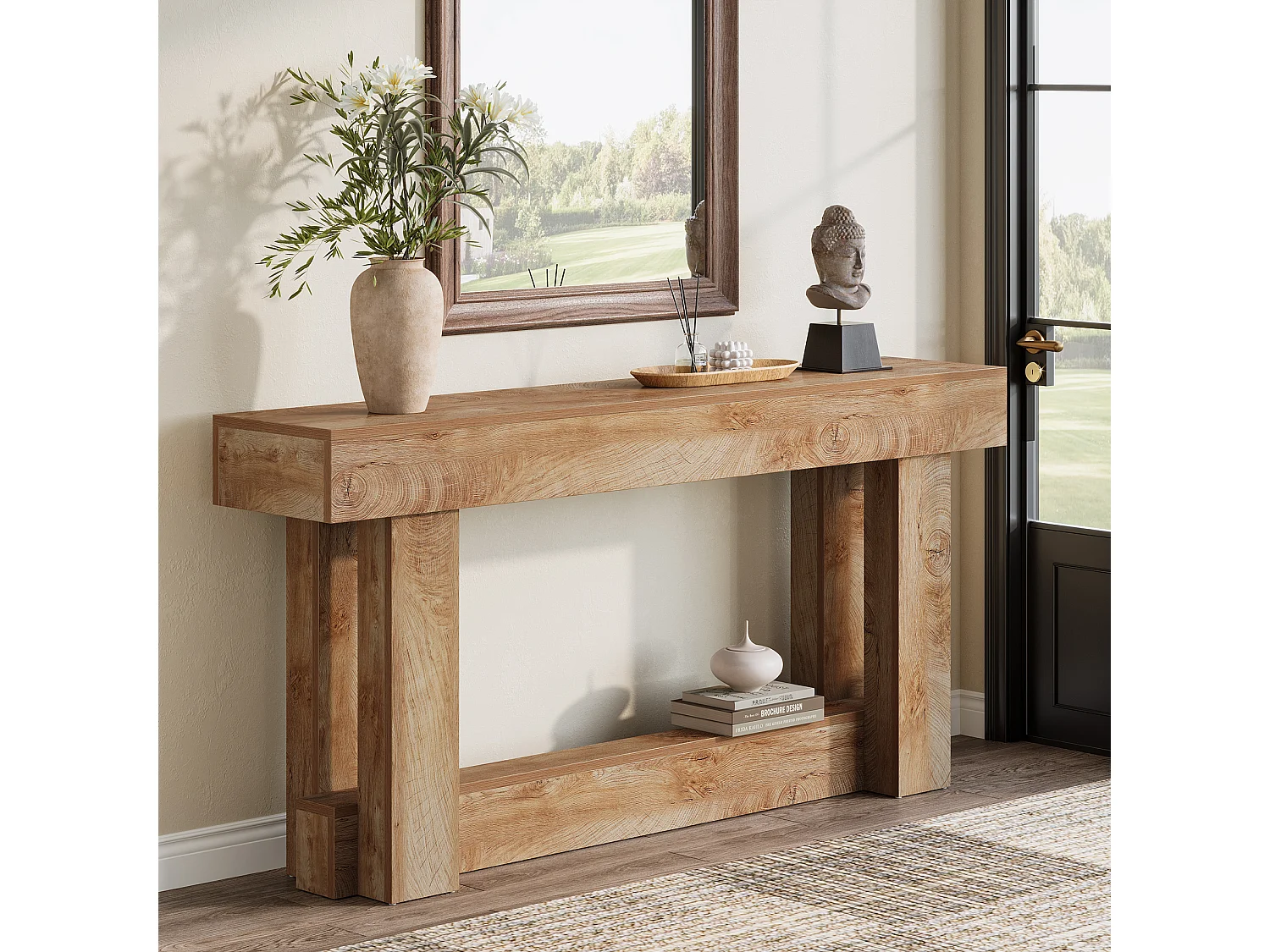 160cm Table Console, Table d'entrée à 2 étages, d'appoint rectangulaire en Bois derrière Le canapé