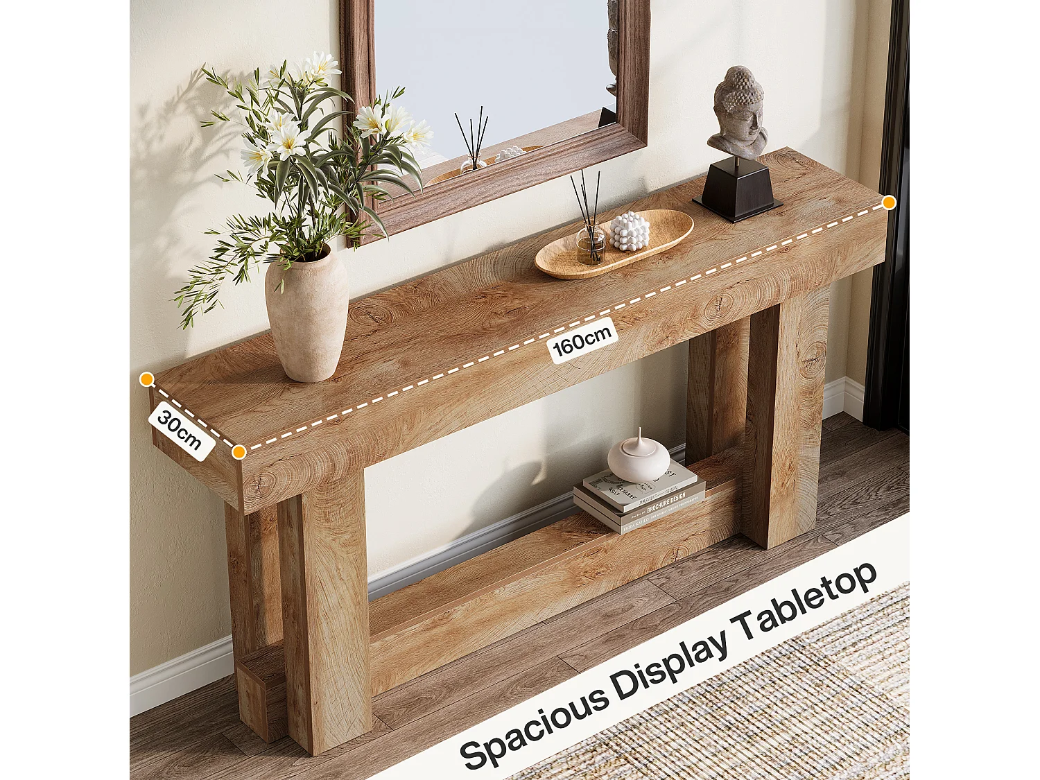 160cm Table Console, Table d'entrée à 2 étages, d'appoint rectangulaire en Bois derrière Le canapé