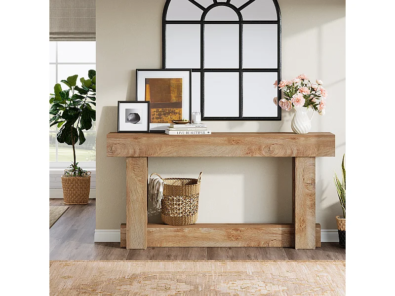 Mesa de consola de 160 cm, mesa de entrada de dos niveles, mesa auxiliar rectangular de madera detrás del sofá