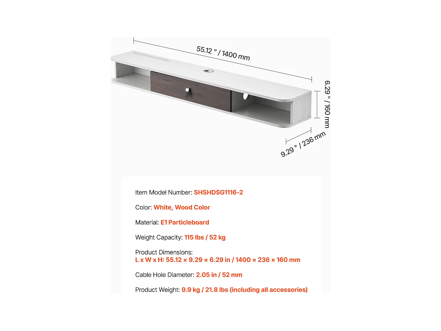 Meuble TV Flottant SucceBuy, Console Multimédia Murale 140 cm avec Rangement, Blanc