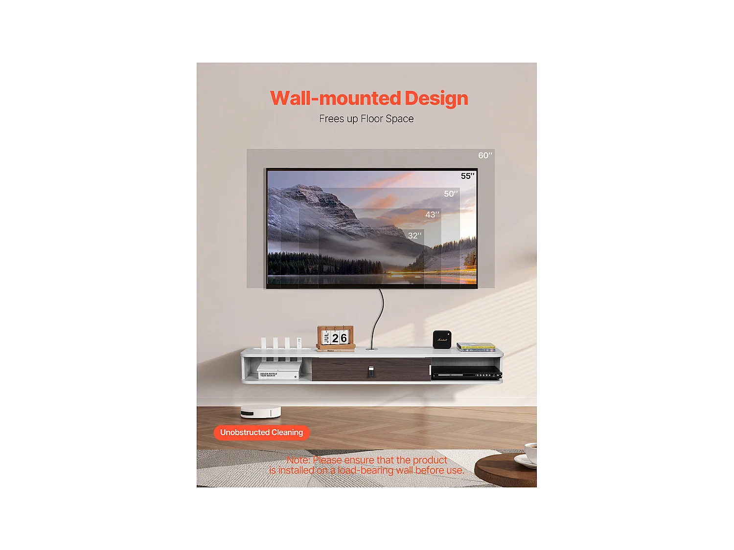 Meuble TV Flottant SucceBuy, Console Multimédia Murale 140 cm avec Rangement, Blanc