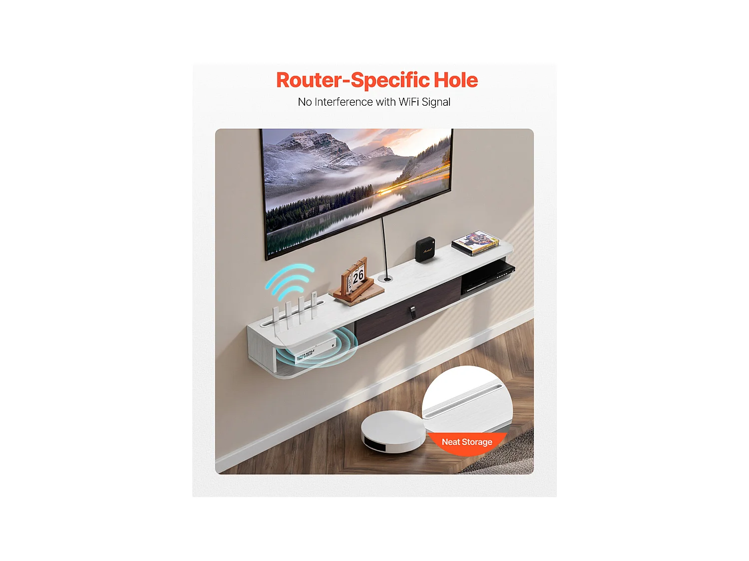Meuble TV Flottant SucceBuy, Console Multimédia Murale 140 cm avec Rangement, Blanc