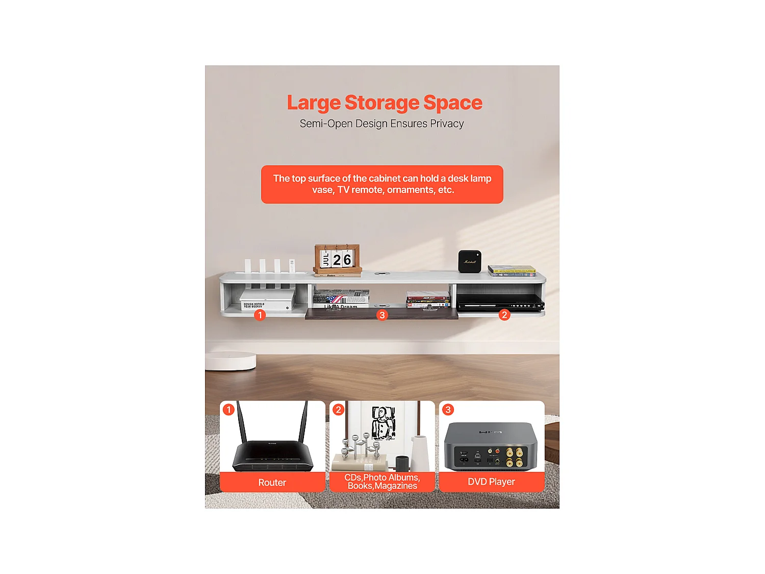 Meuble TV Flottant SucceBuy, Console Multimédia Murale 140 cm avec Rangement, Blanc