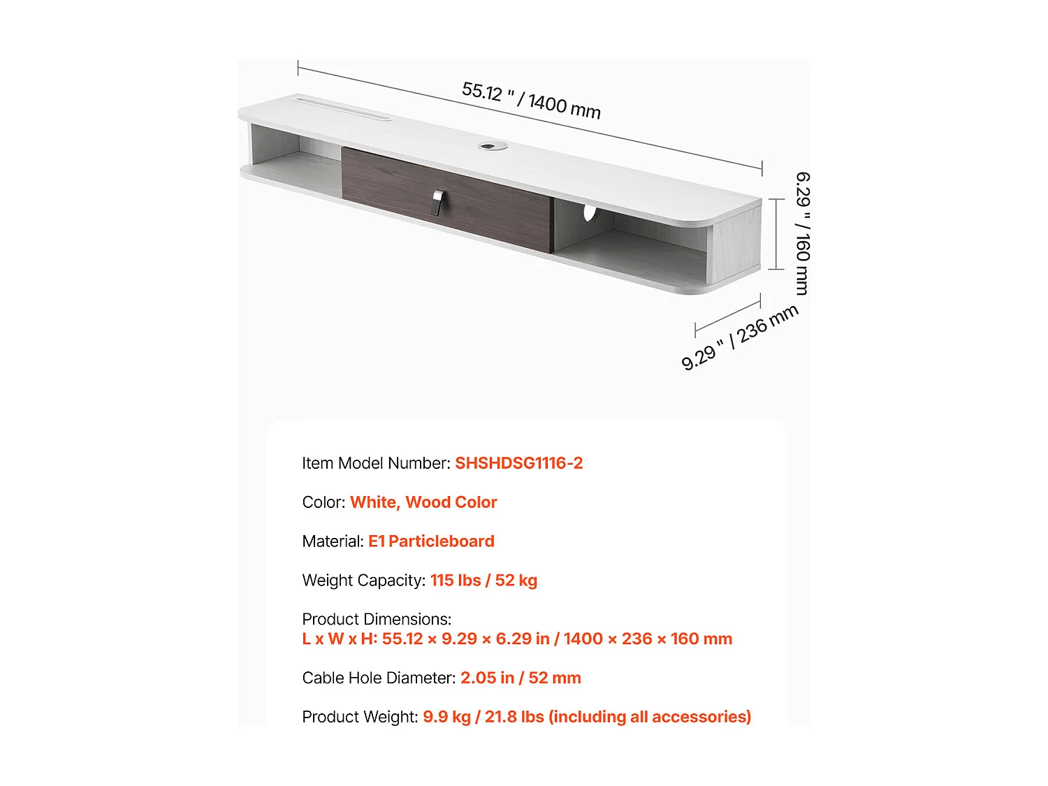 Zwevend TV-Meubel SucceBuy, Multimediale Wandconsole 140 cm met Opbergruimte, Wit
