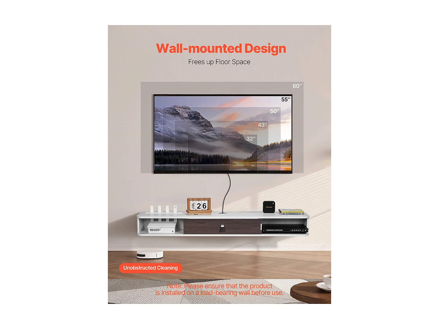 Zwevend TV-Meubel SucceBuy, Multimediale Wandconsole 140 cm met Opbergruimte, Wit