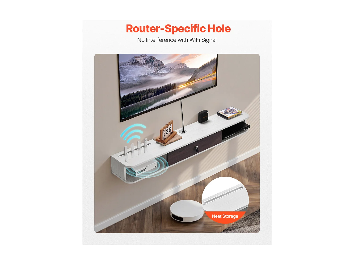 Zwevend TV-Meubel SucceBuy, Multimediale Wandconsole 140 cm met Opbergruimte, Wit