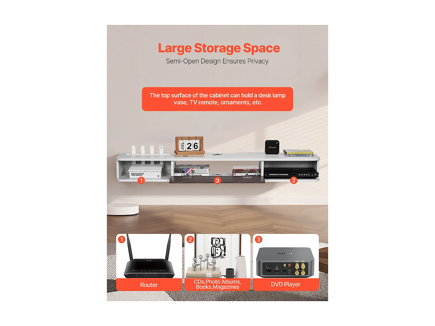 Zwevend TV-Meubel SucceBuy, Multimediale Wandconsole 140 cm met Opbergruimte, Wit