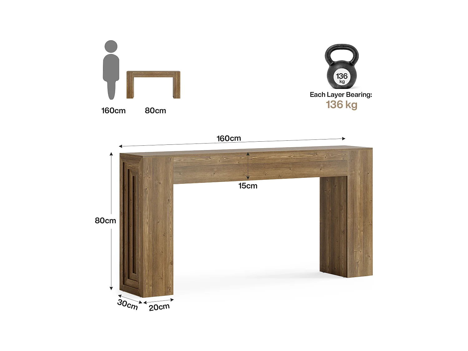 Rechteckige Tischkonsole mit einer Länge von 160 cm, rechteckiger Eingangstisch hinter der Couch
