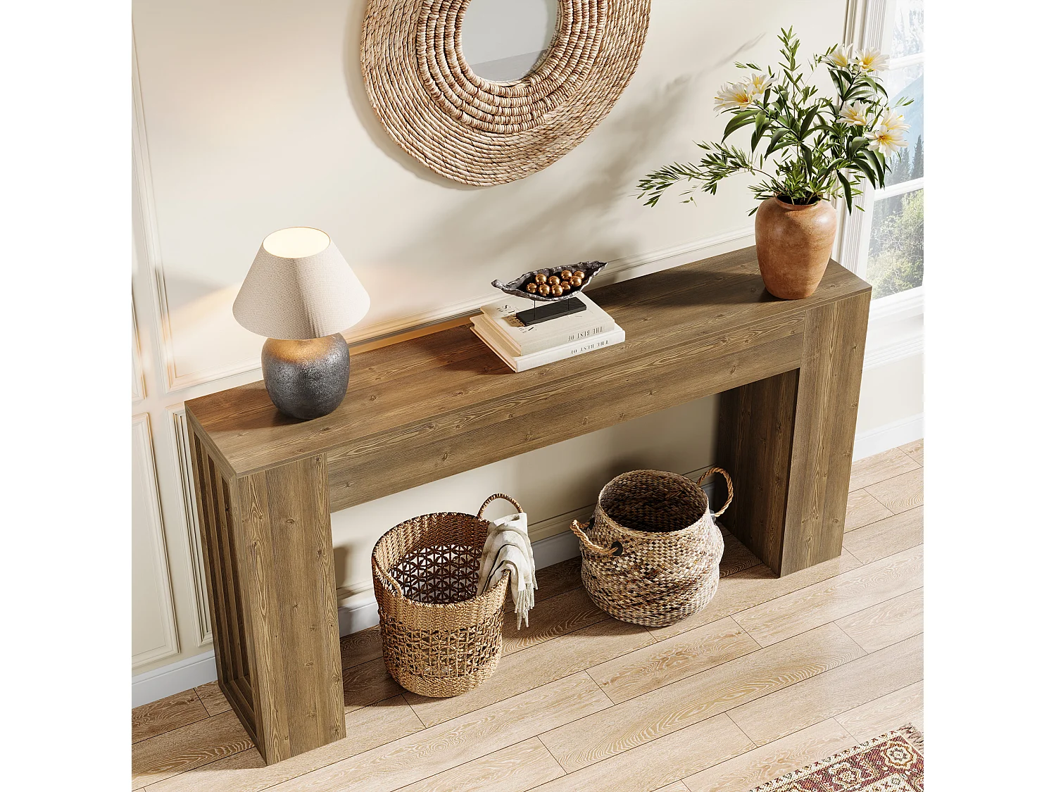 Mesa de console retangular com 160 cm de comprimento, mesa de entrada retangular atrás do sofá