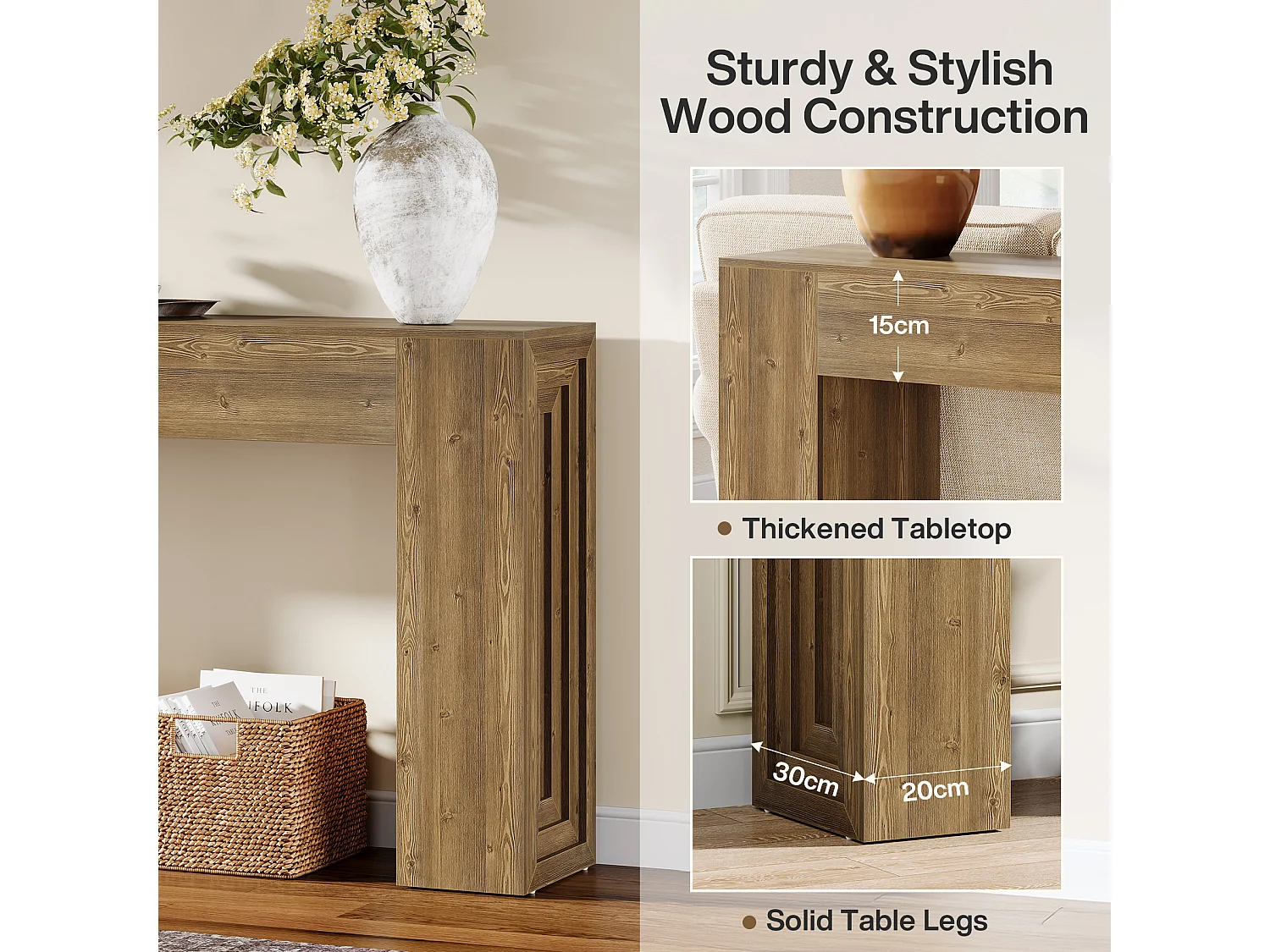 Mesa de console retangular com 160 cm de comprimento, mesa de entrada retangular atrás do sofá