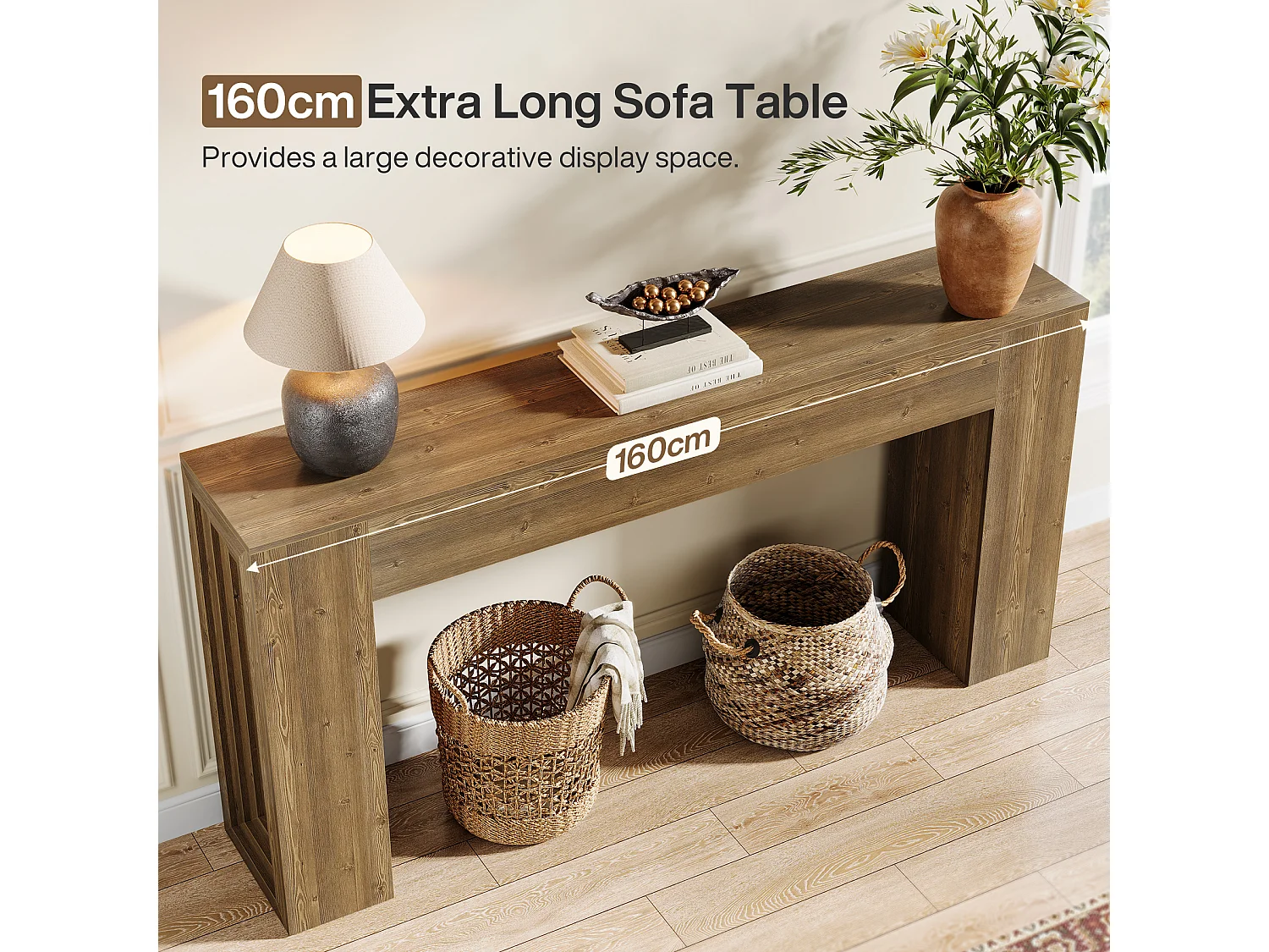 Mesa de console retangular com 160 cm de comprimento, mesa de entrada retangular atrás do sofá