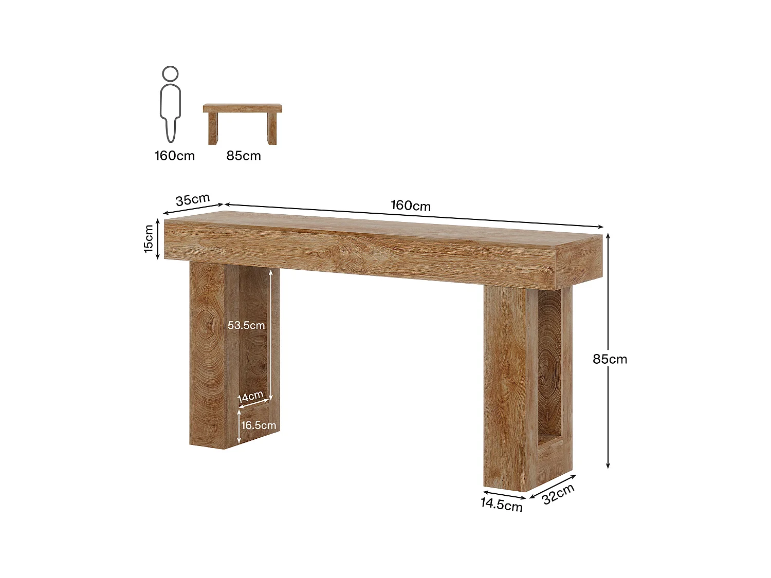 Table Console rectangulaire de 160 cm de Long, Table Basse derrière Le canapé pour entrée (Naturel)