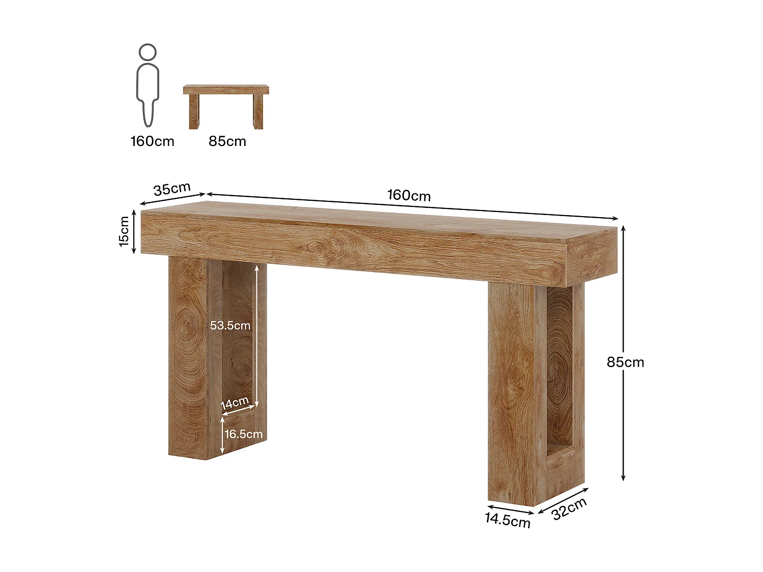 Table Console rectangulaire de 160 cm de Long, Table Basse derrière Le canapé pour entrée (Naturel)