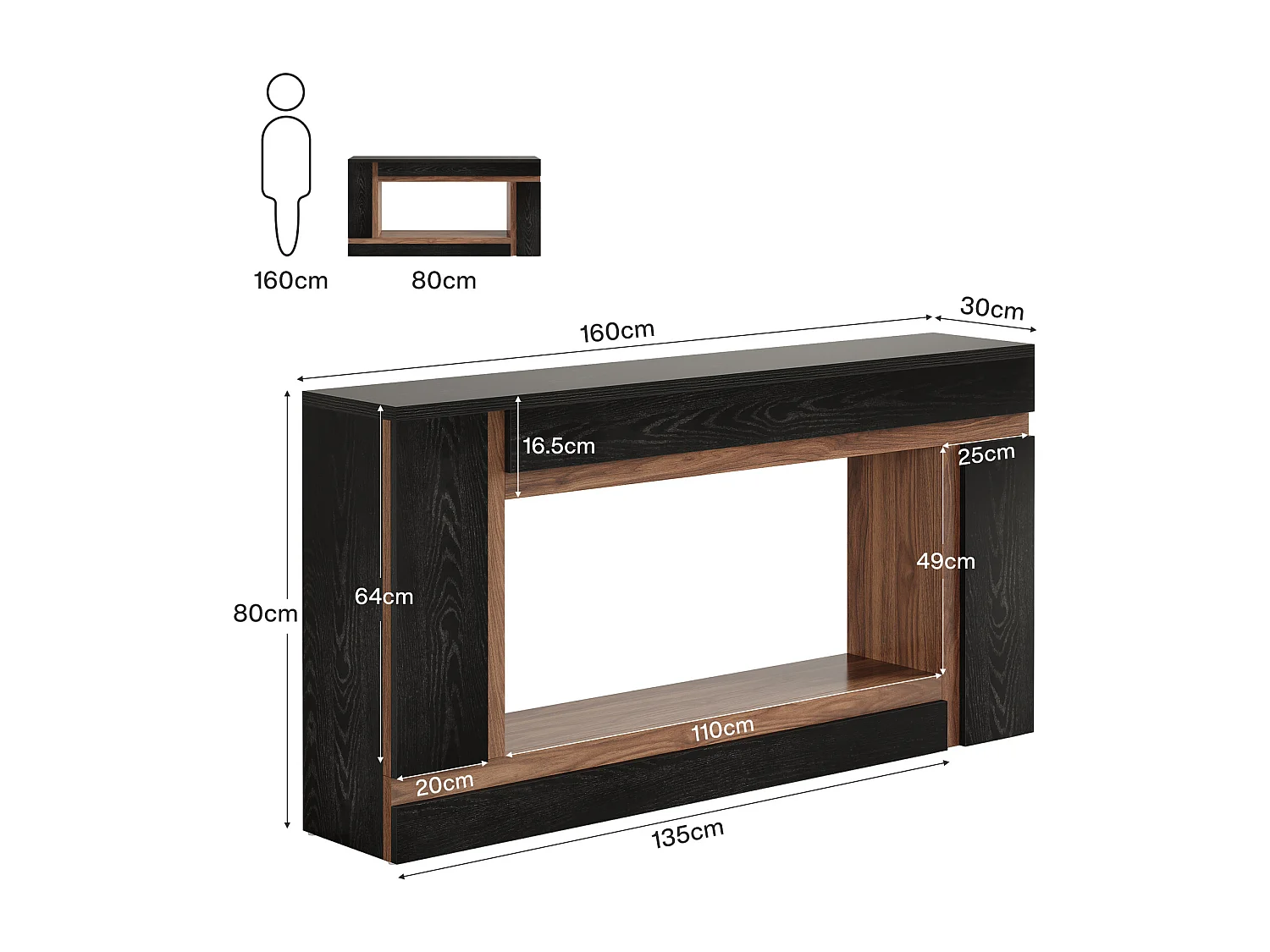 Table console étroite rectangulaire à 2 niveaux en bois pour entrée, entrée, foyer