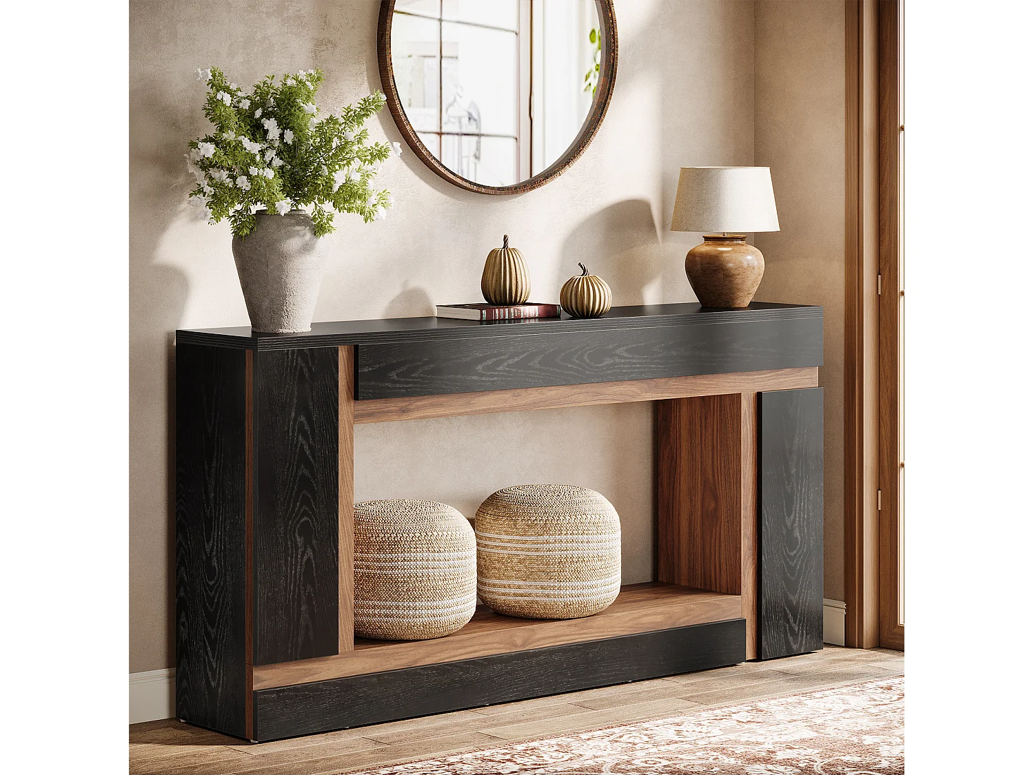 Table console étroite rectangulaire à 2 niveaux en bois pour entrée, entrée, foyer