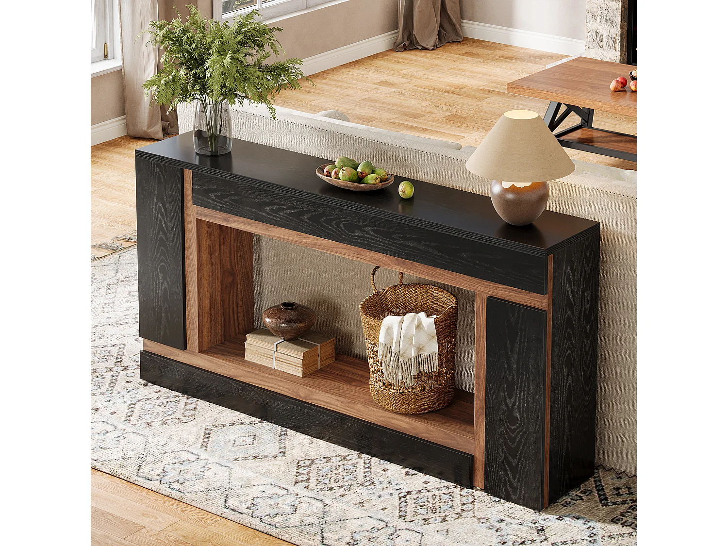 Table console étroite rectangulaire à 2 niveaux en bois pour entrée, entrée, foyer