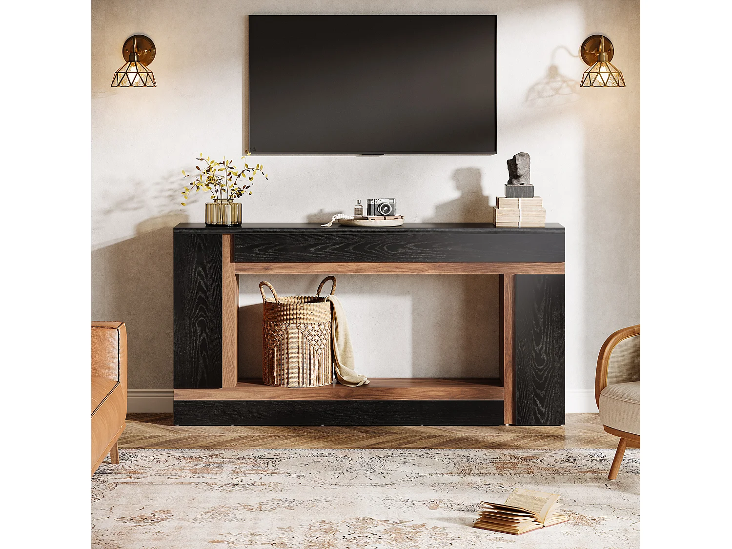 Table console étroite rectangulaire à 2 niveaux en bois pour entrée, entrée, foyer