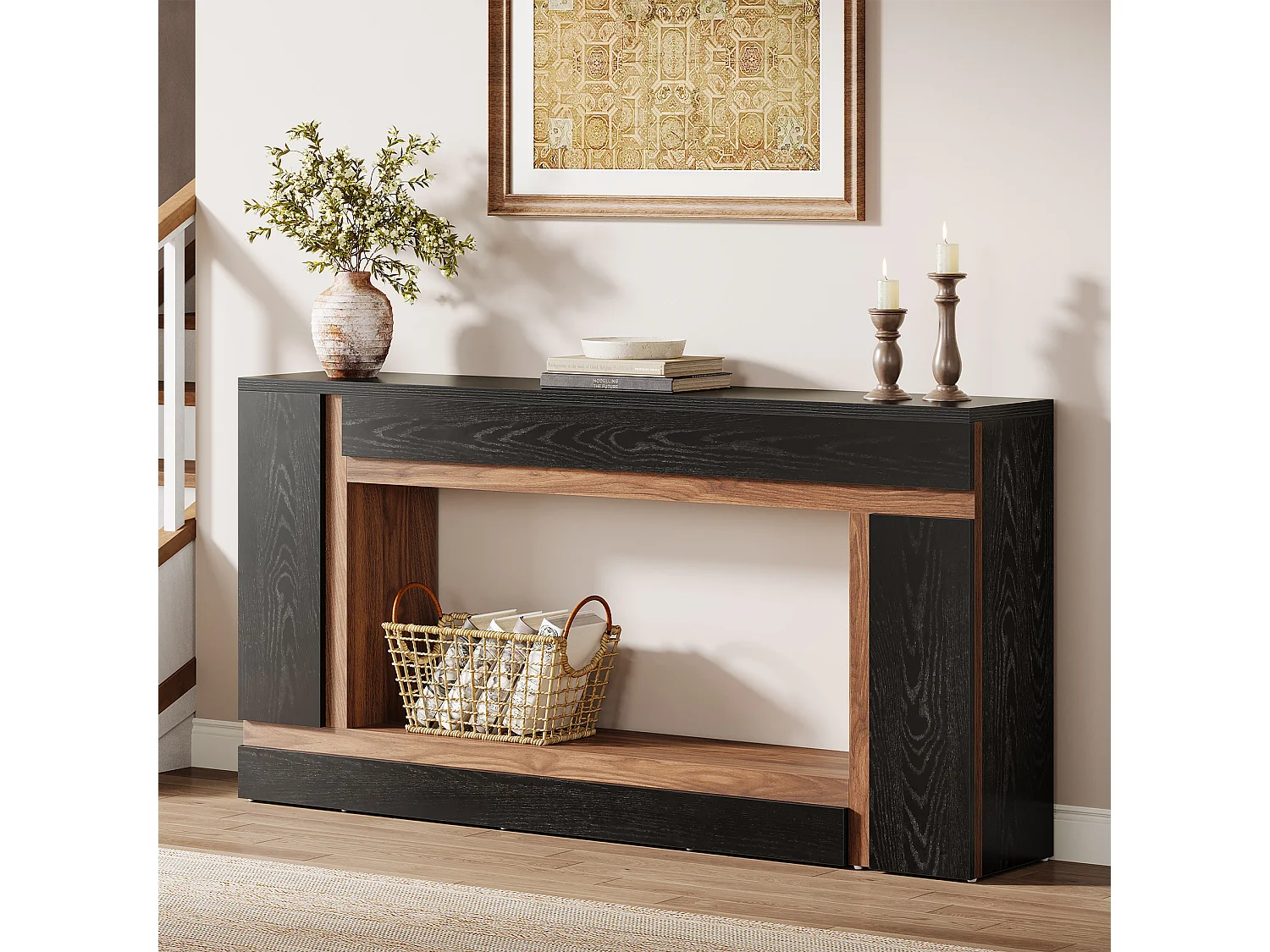 Table console étroite rectangulaire à 2 niveaux en bois pour entrée, entrée, foyer