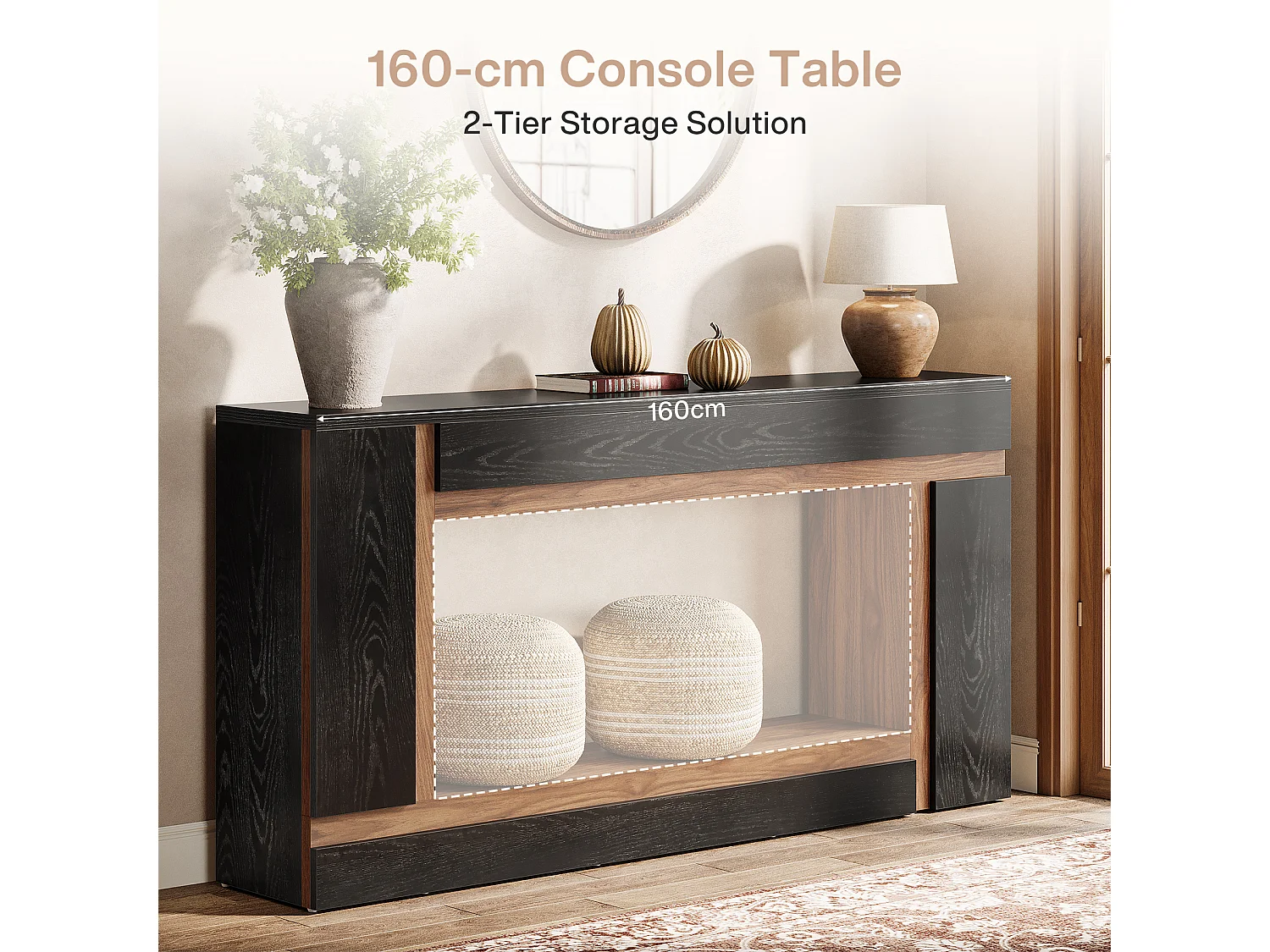 Table console étroite rectangulaire à 2 niveaux en bois pour entrée, entrée, foyer