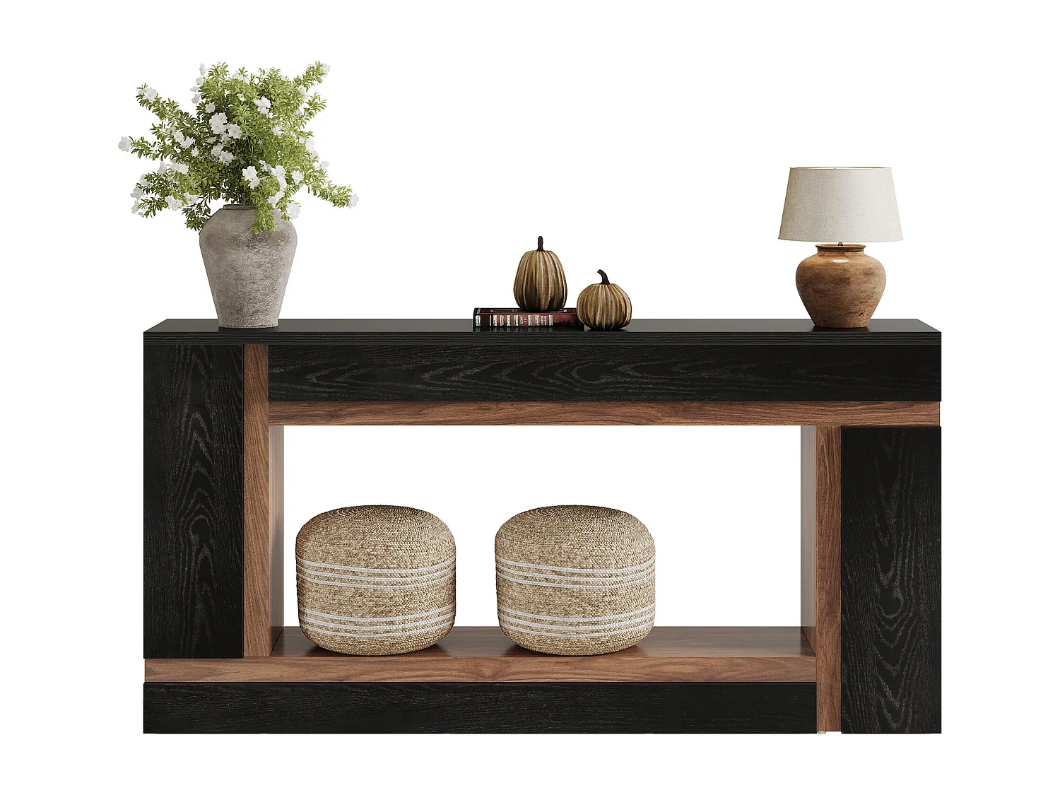 Table console étroite rectangulaire à 2 niveaux en bois pour entrée, entrée, foyer