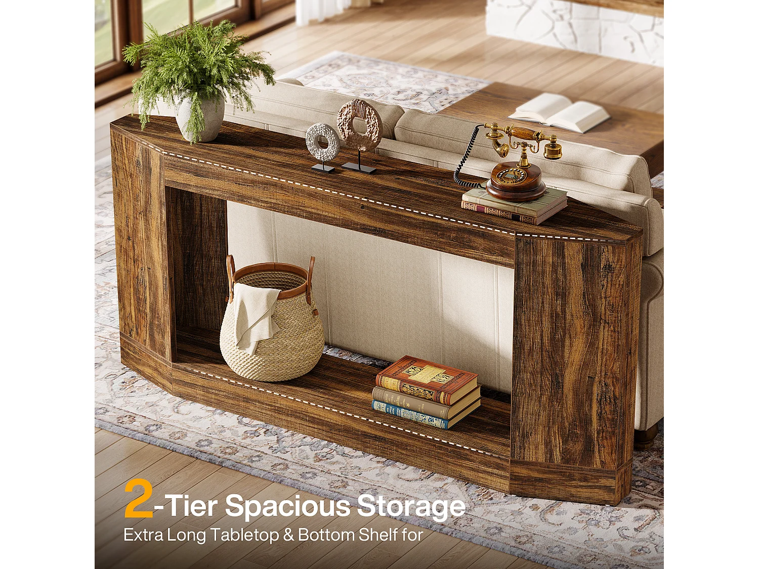 Mesa de console de 160 cm com espaço para guardar, mesa baixa atrás do sofá