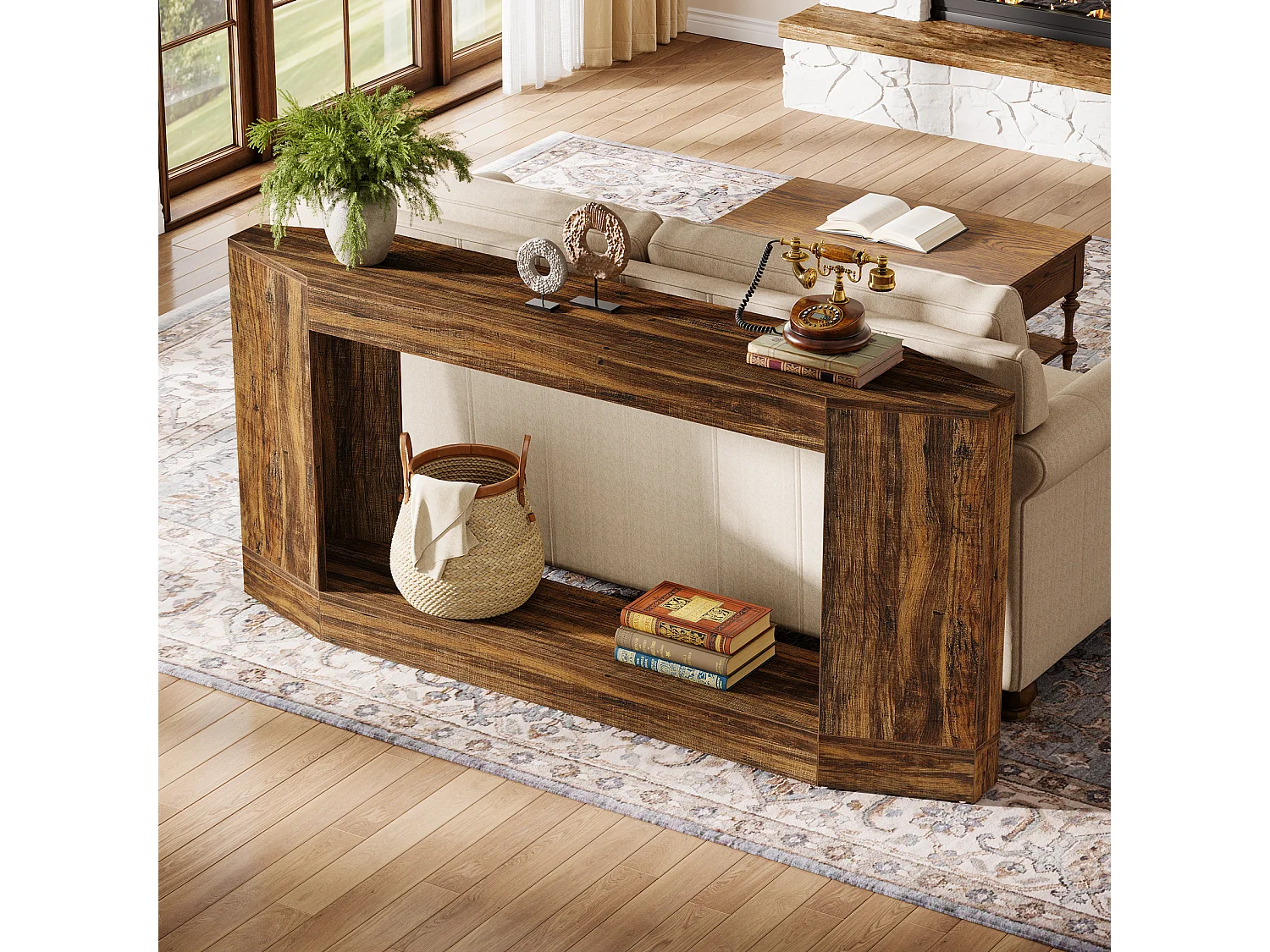 Mesa de console de 160 cm com espaço para guardar, mesa baixa atrás do sofá