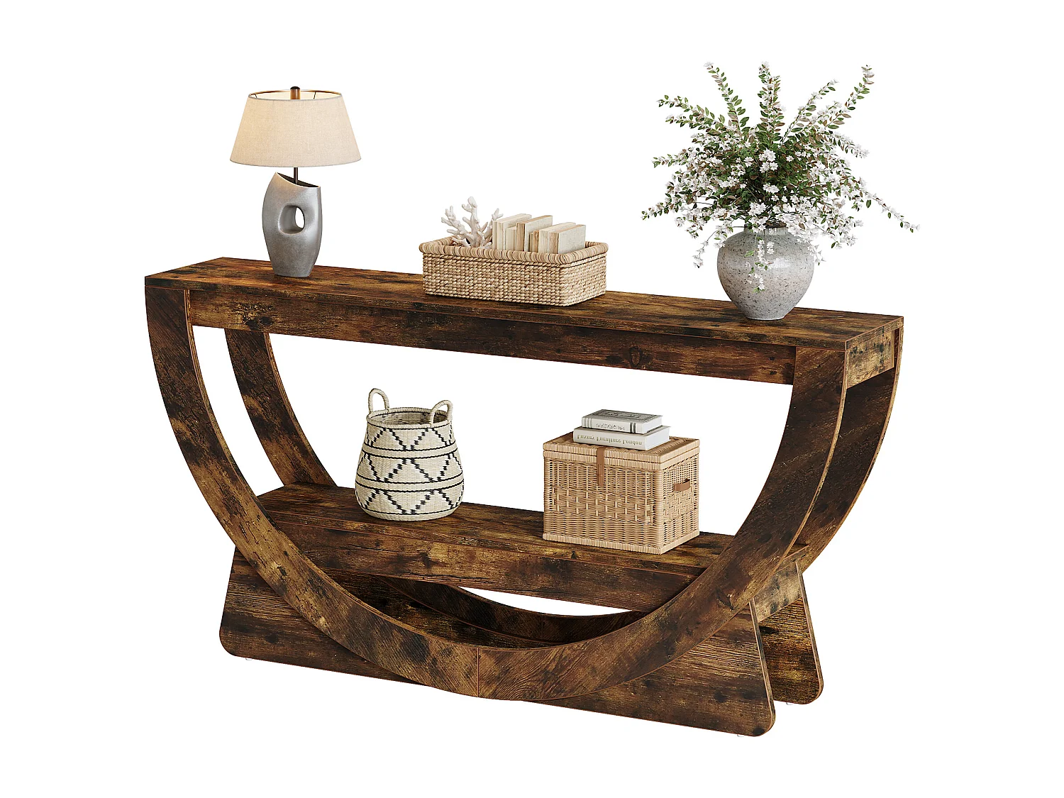 Consoletafel van 160 cm, industriële tweezits entreetafel met opbergplanken