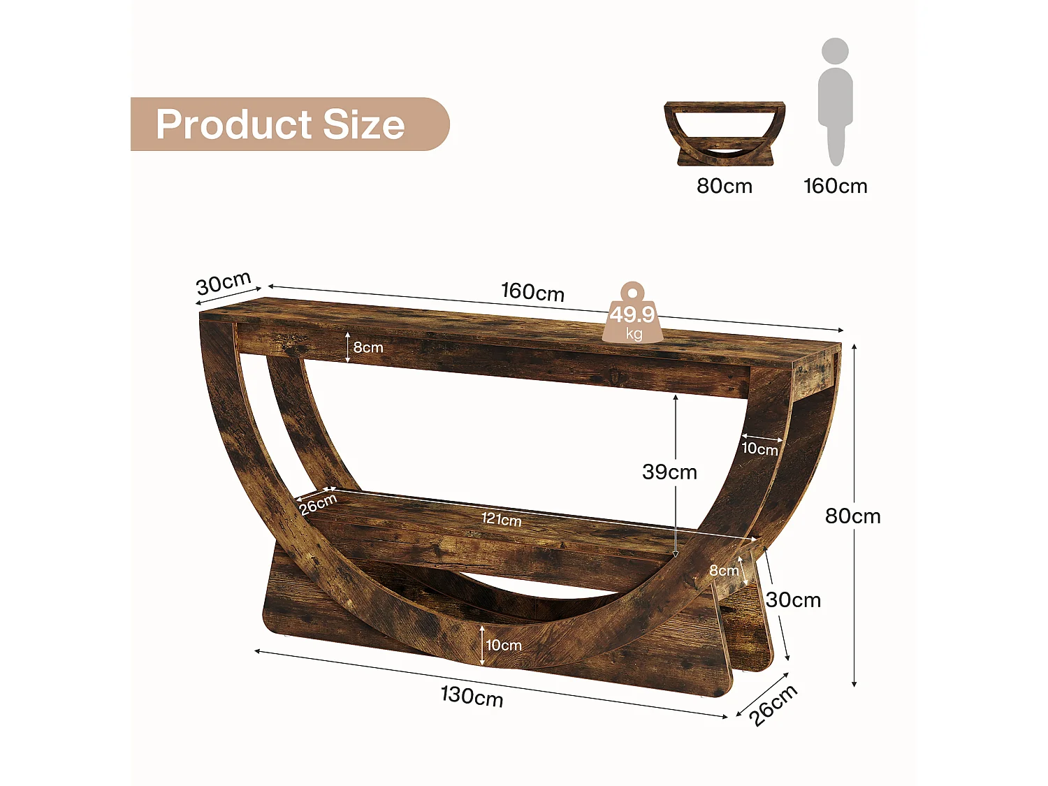 Consoletafel van 160 cm, industriële tweezits entreetafel met opbergplanken