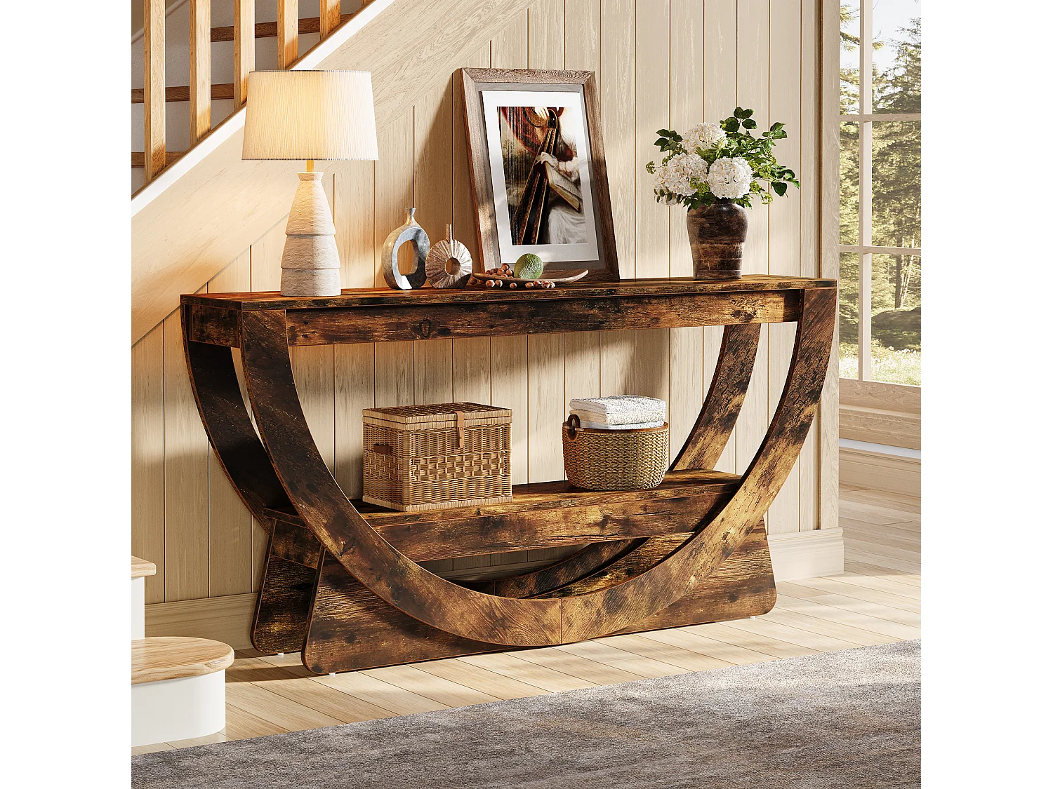 Consoletafel van 160 cm, industriële tweezits entreetafel met opbergplanken