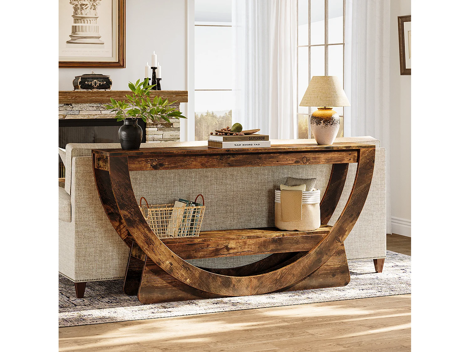 Consoletafel van 160 cm, industriële tweezits entreetafel met opbergplanken