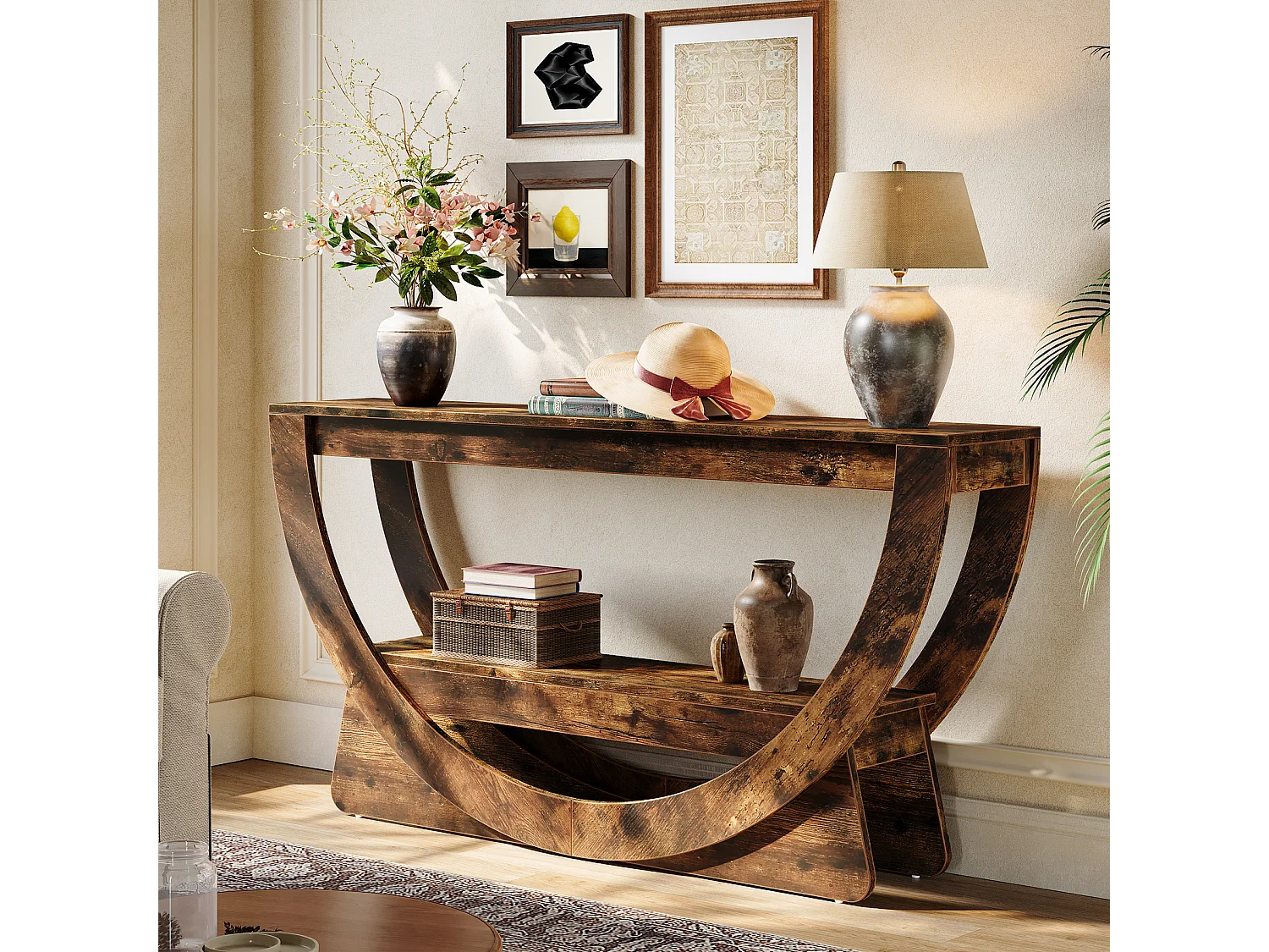 Consoletafel van 160 cm, industriële tweezits entreetafel met opbergplanken