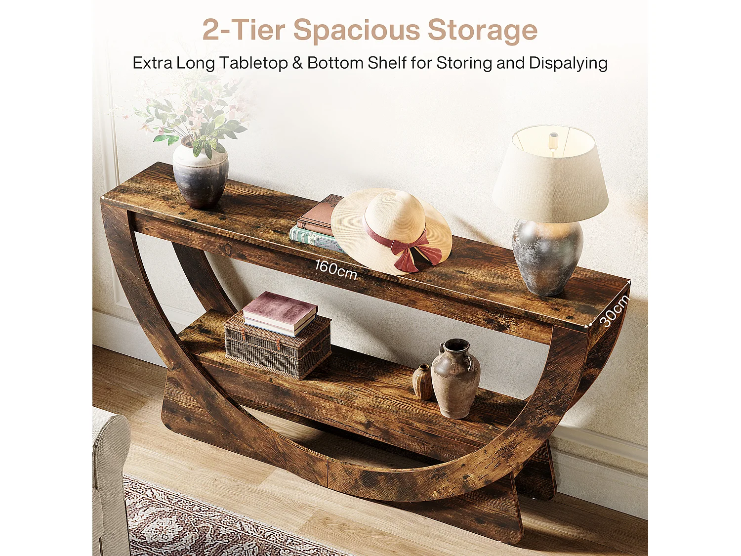 Consoletafel van 160 cm, industriële tweezits entreetafel met opbergplanken