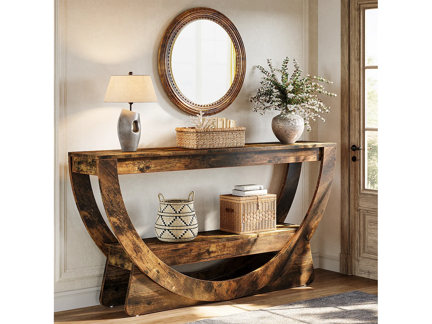 Consoletafel van 160 cm, industriële tweezits entreetafel met opbergplanken