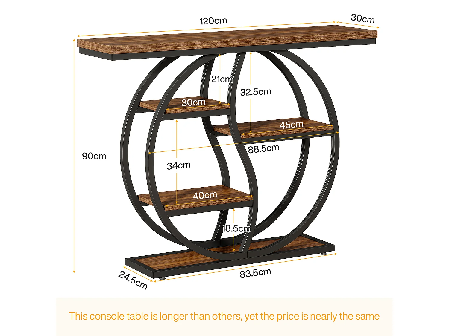 Industriële consoletafel met 4 niveaus, 120 x 30 cm, met ronde voet