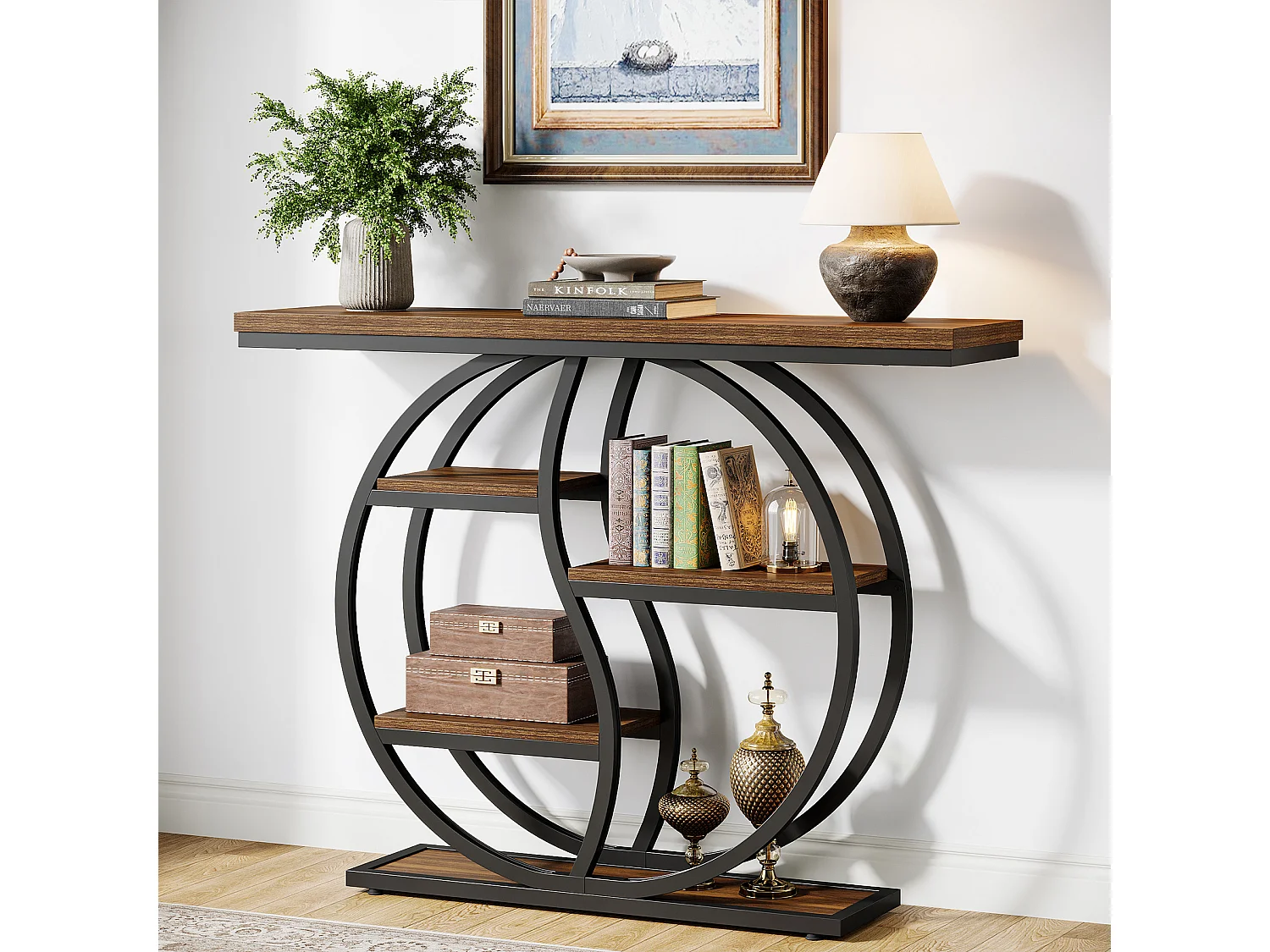 Industriële consoletafel met 4 niveaus, 120 x 30 cm, met ronde voet