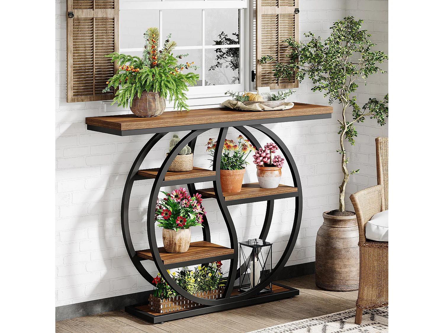 Industriële consoletafel met 4 niveaus, 120 x 30 cm, met ronde voet