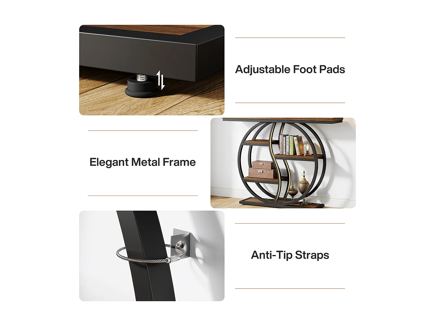 Table console industrielle à 4 étages, 120 x 30 cm, avec base circulaire